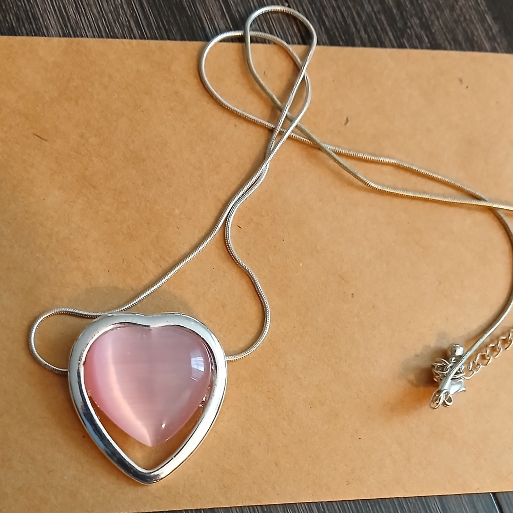 Unique Pink Stone Silver Heart Necklace